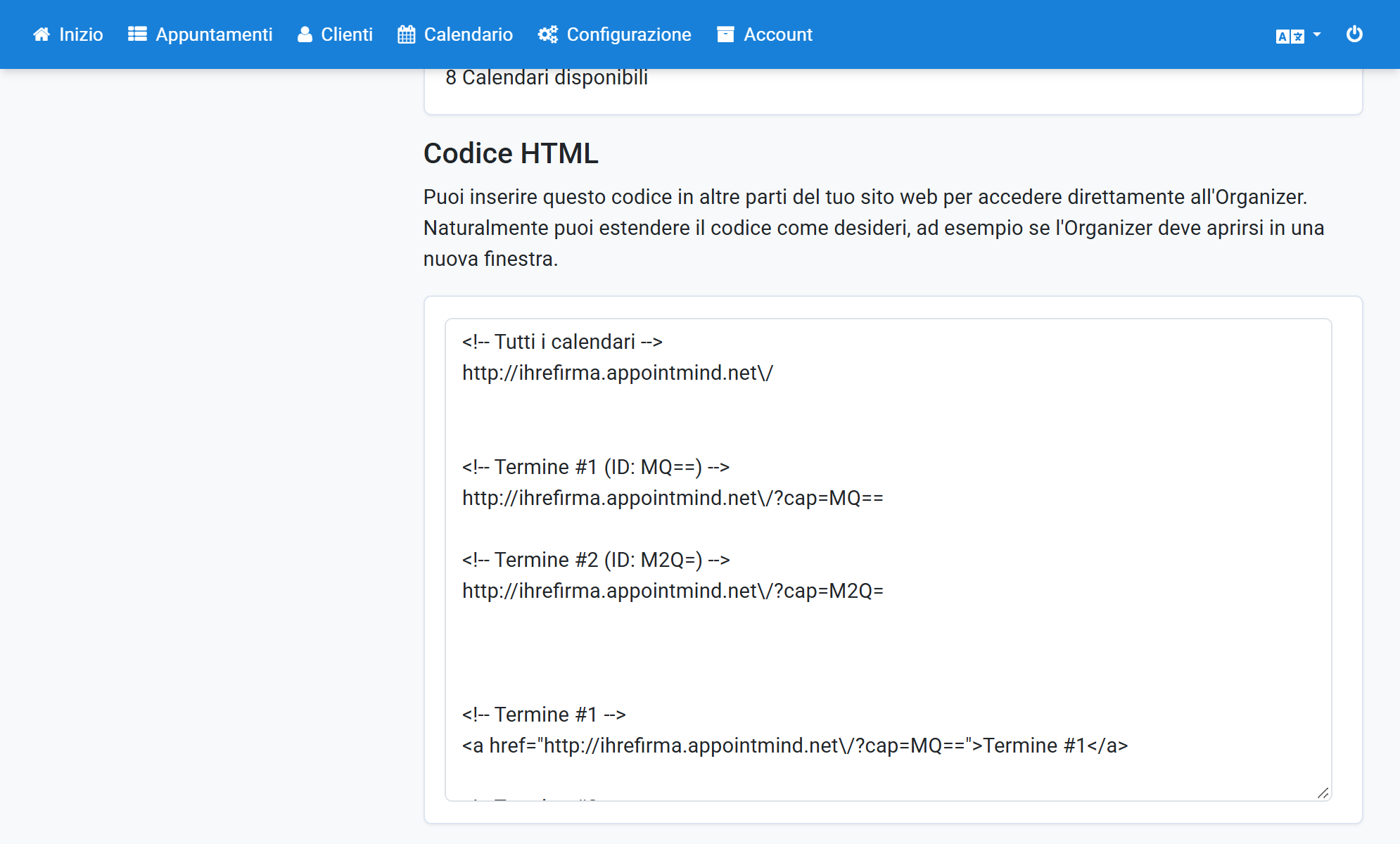 Selezioni e copi l'URL del calendario