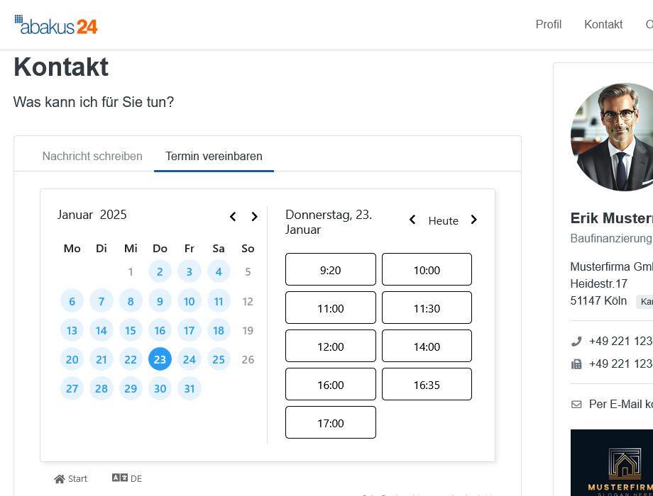 Il calendario è ora visualizzato in Contatto > Fissa un appuntamento