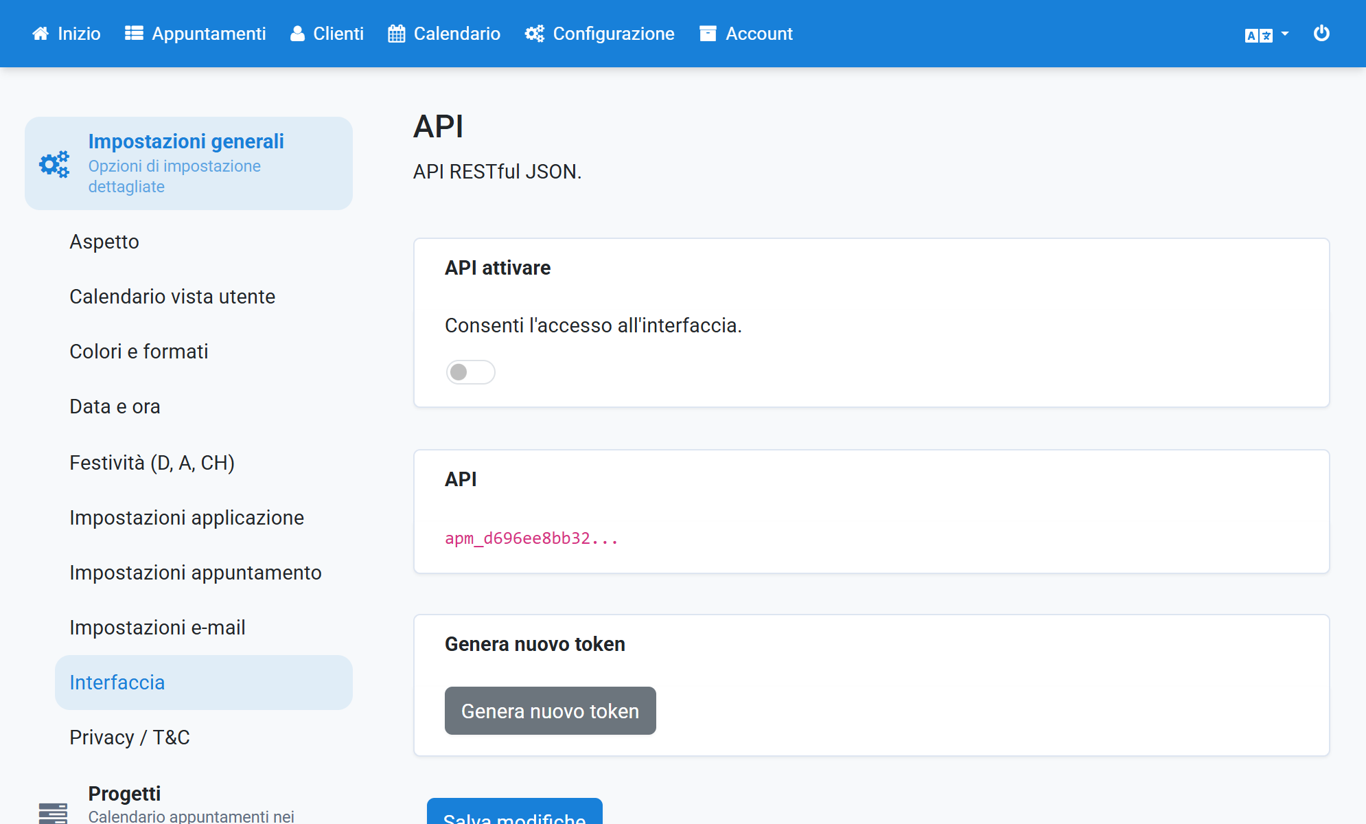 Attivi API attivare. La modifica viene salvata subito
