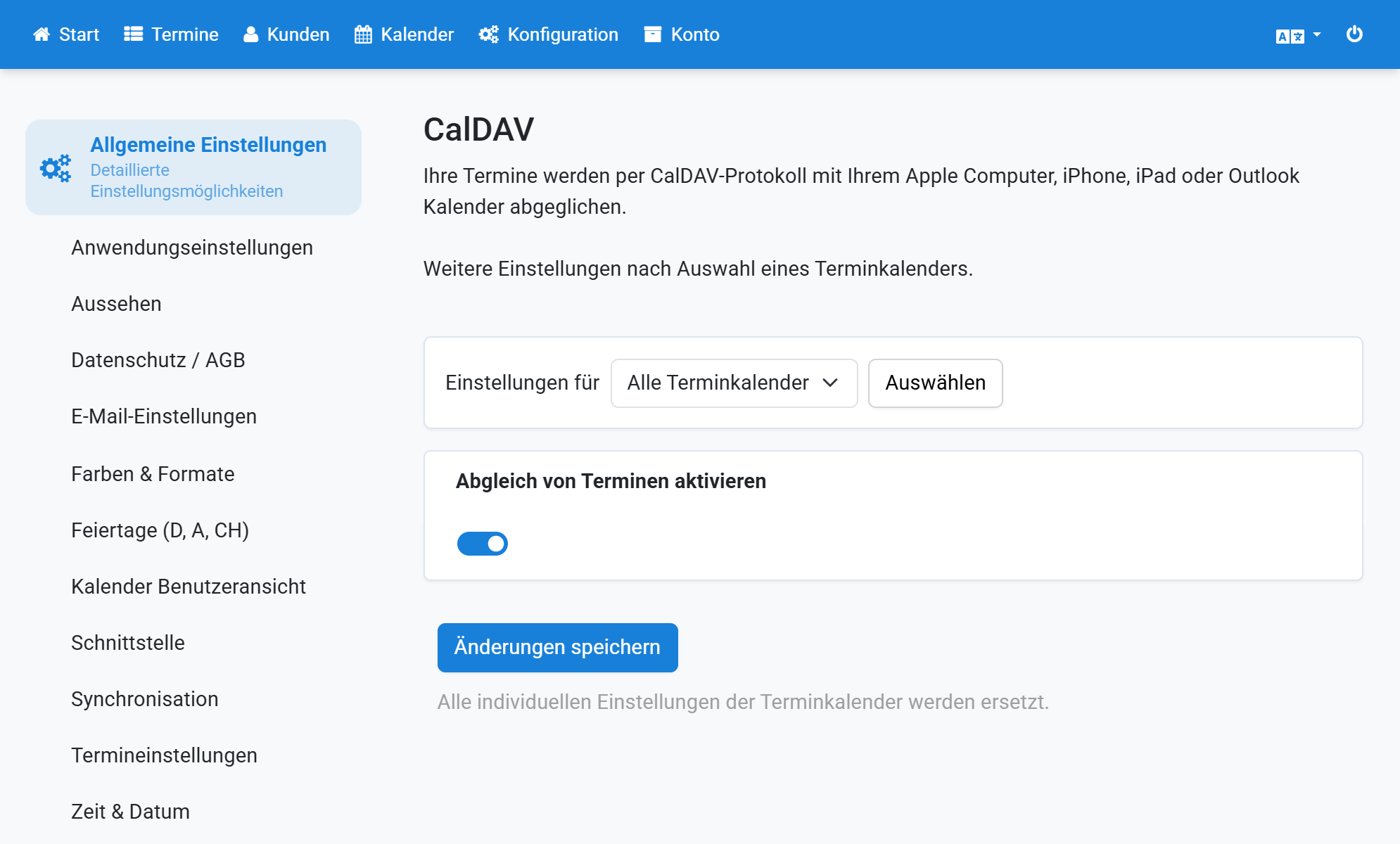 Attivi la sincronizzazione degli appuntamenti in Appointmind, salvi le modifiche e selezioni poi il Suo calendario