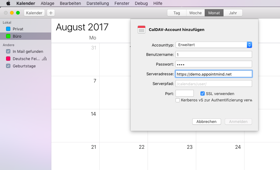Incolli l'indirizzo del server in Calendario Apple
