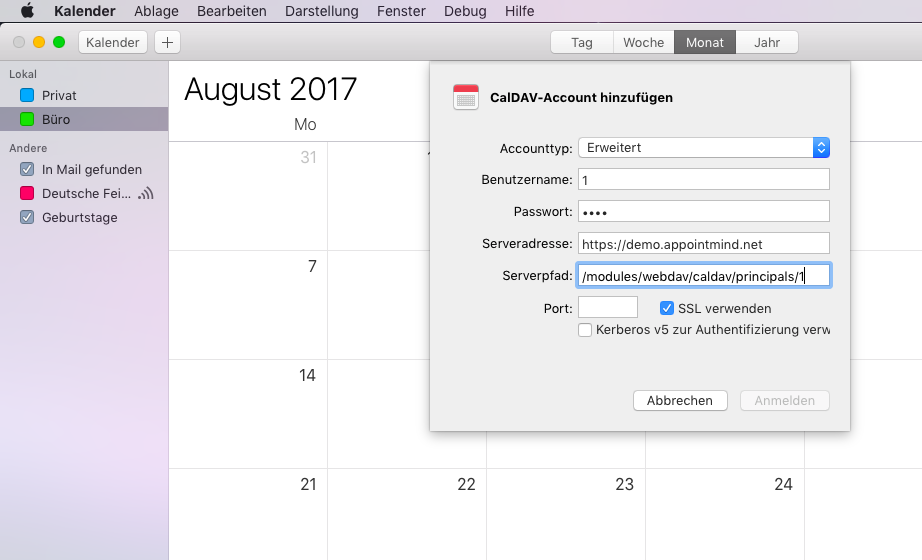 Incolli il percorso del server in Calendario Apple