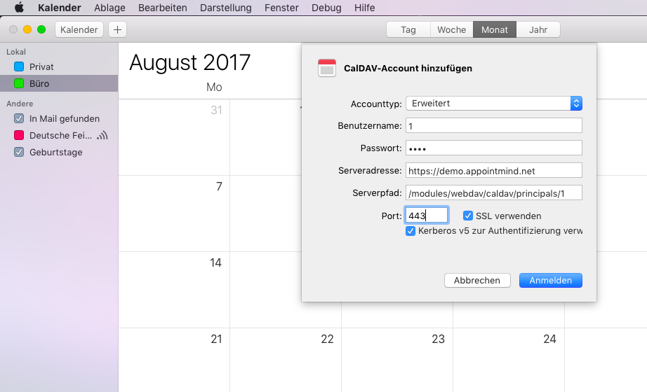 Inserisca 443 come porta e selezioni poi SSL e Kerberos v5
