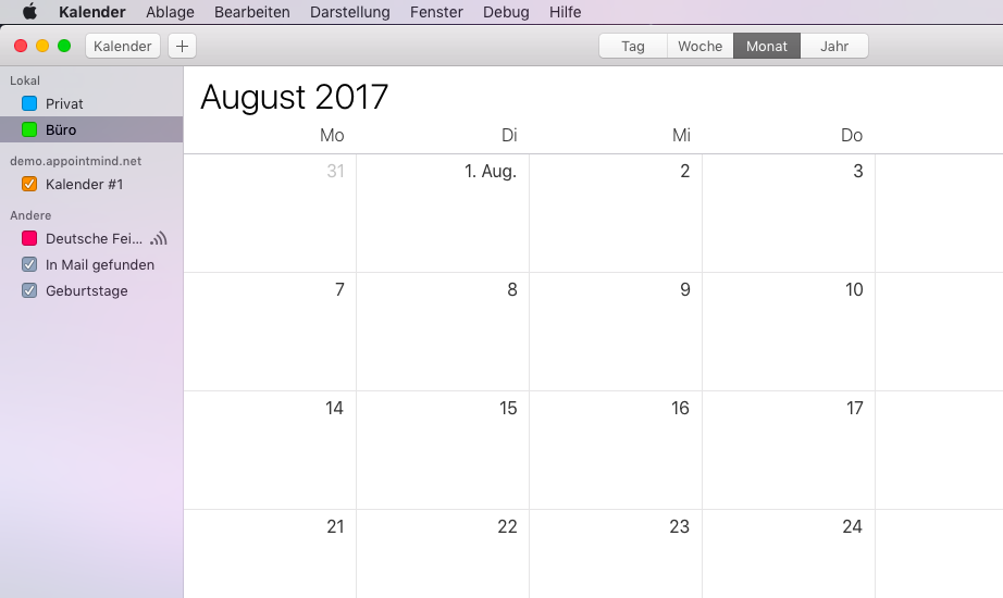 Se la connessione è riuscita, il calendario Appointmind compare nella barra laterale