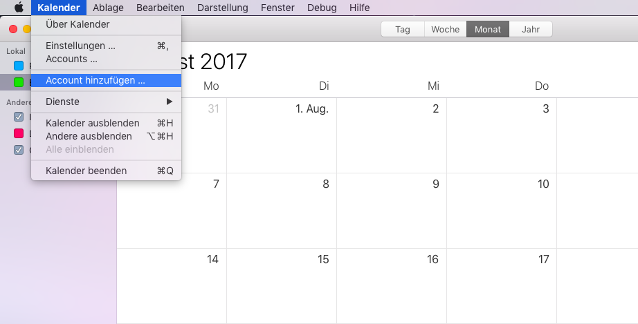 Nel menu Calendario scelga l'opzione Aggiungi account