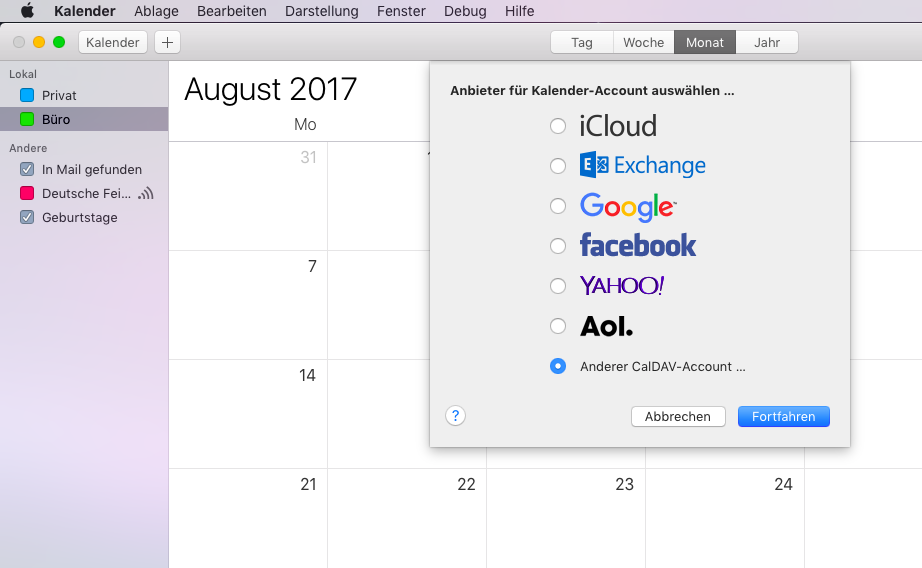Selezioni Altro account CalDAV e faccia clic su Continua