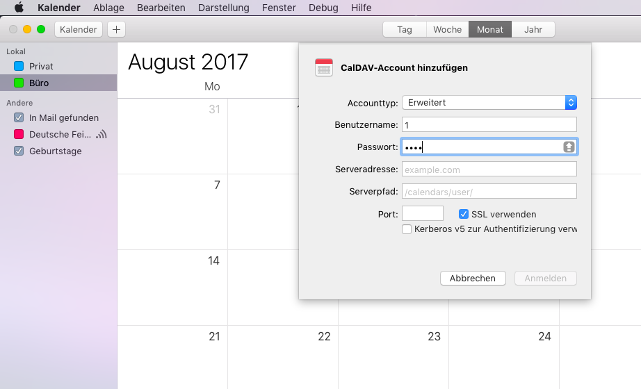 Inserisca la stessa password in Calendario Apple