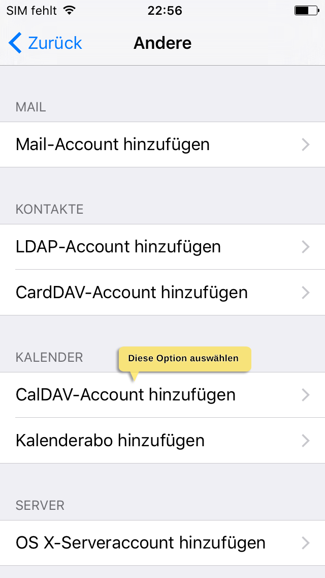 Selezioni Aggiungi account CalDAV