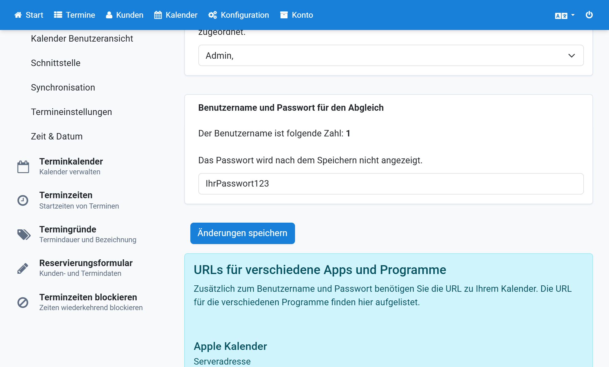 Pensi a una password, la inserisca in Appointmind e salvi le modifiche