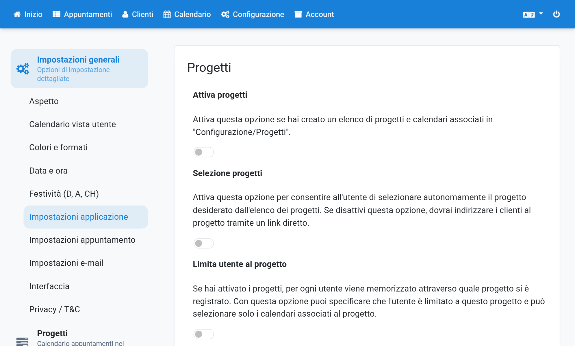 Attivi Attiva progetti e Selezione progetti
