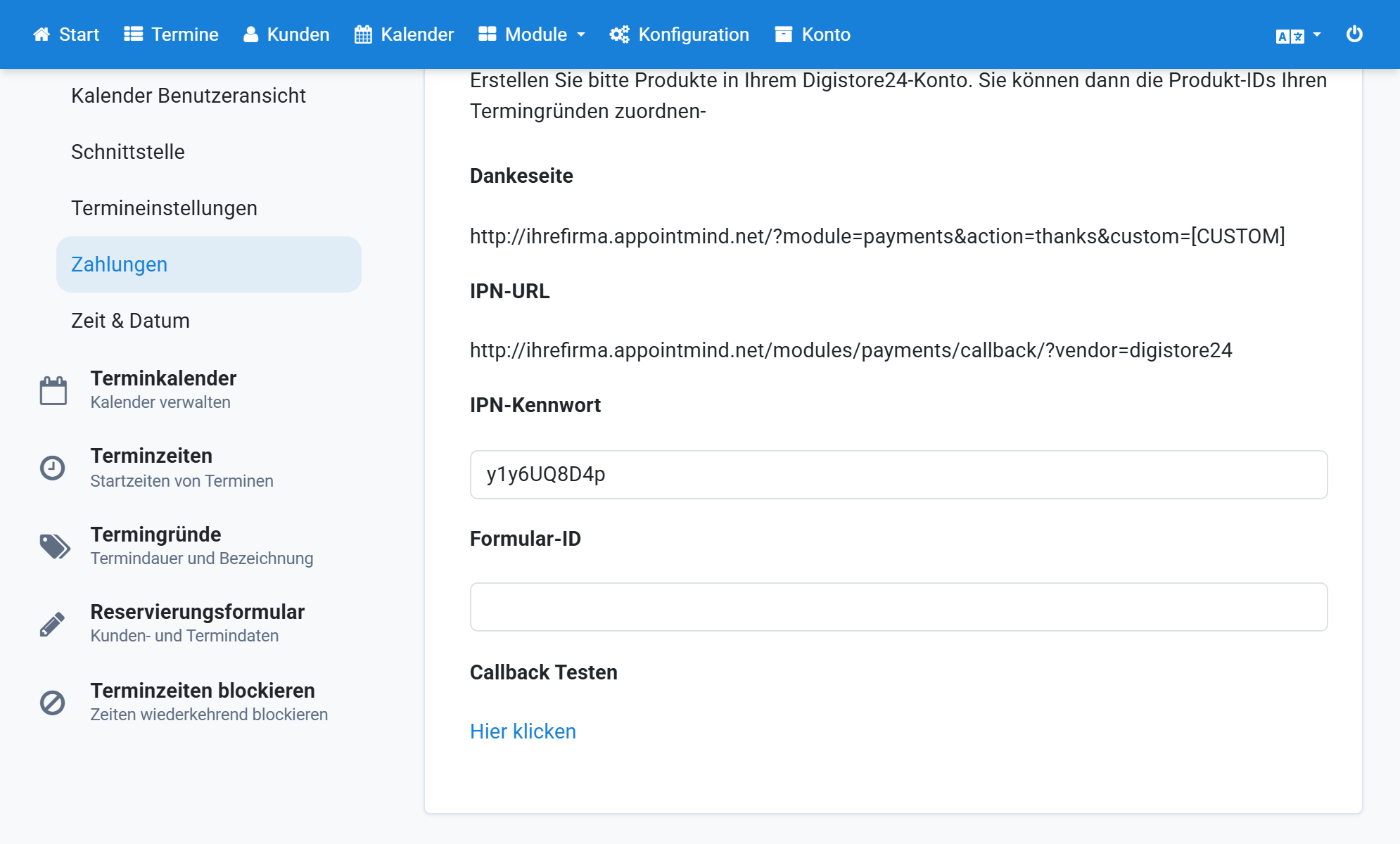 Inserire la stessa password IPN in Appointmind
