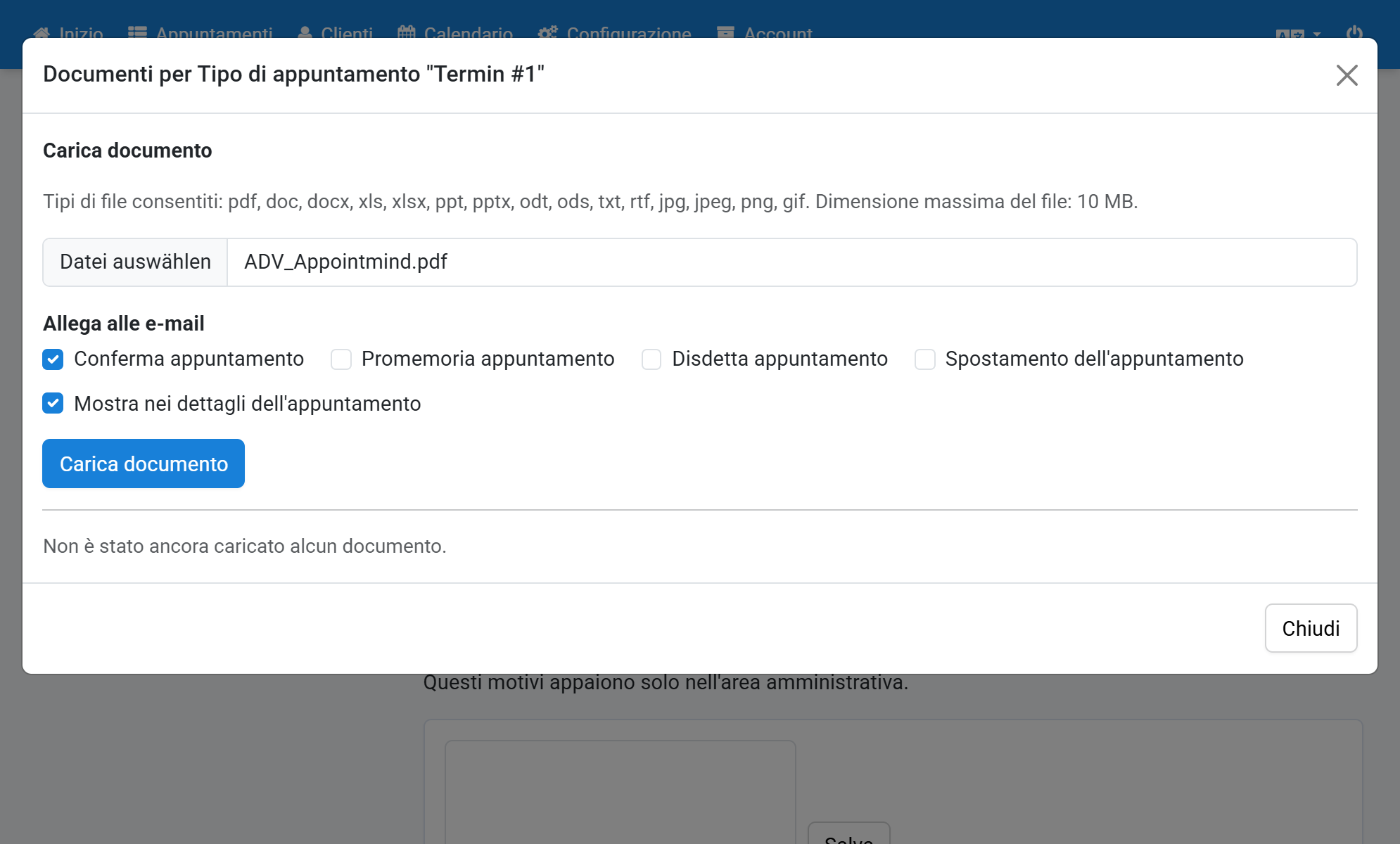 Indichi a quali e-mail allegare il documento e se i clienti possono scaricarlo nei dettagli dell'appuntamento. Clicchi quindi su Carica documento