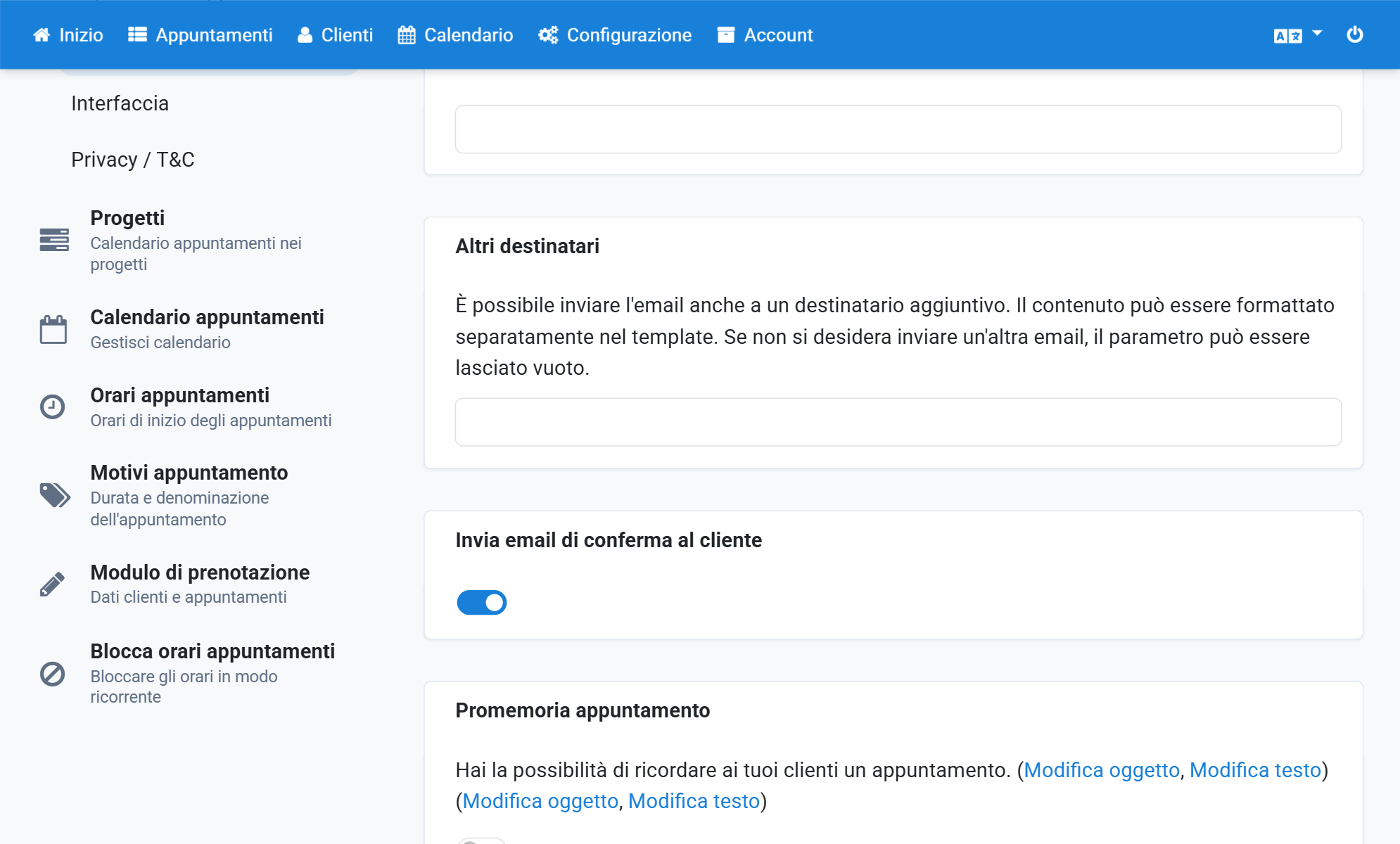 Indichi se il cliente deve ricevere un'e-mail di conferma