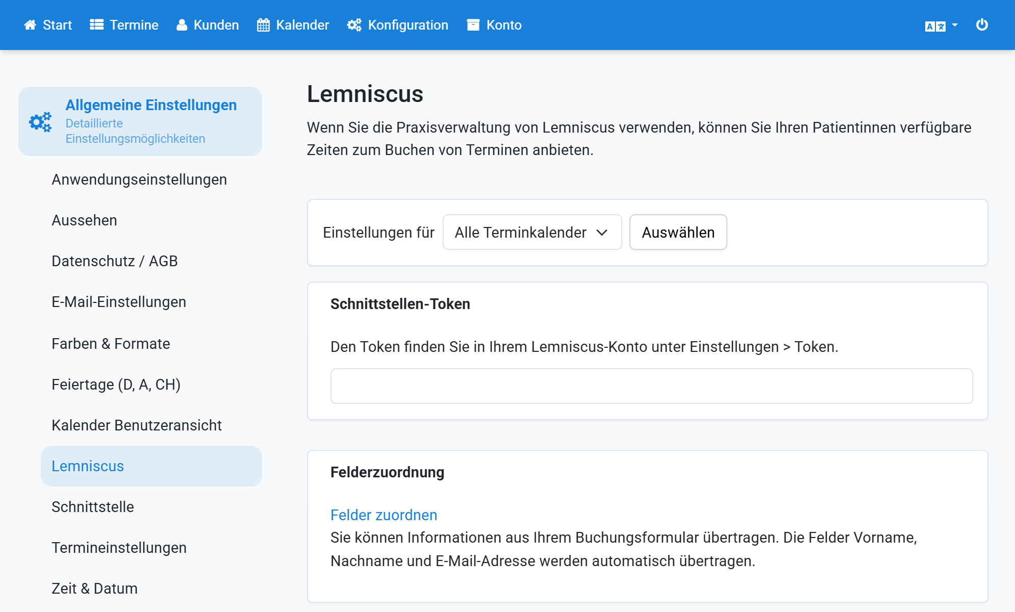 Selezionare Lemniscus nella configurazione generale di Appointmind