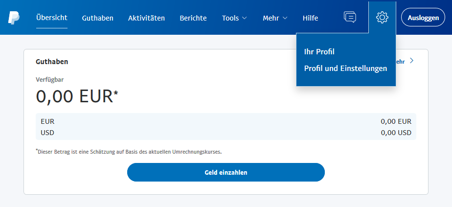 Accedere a PayPal e aprire Profilo e impostazioni