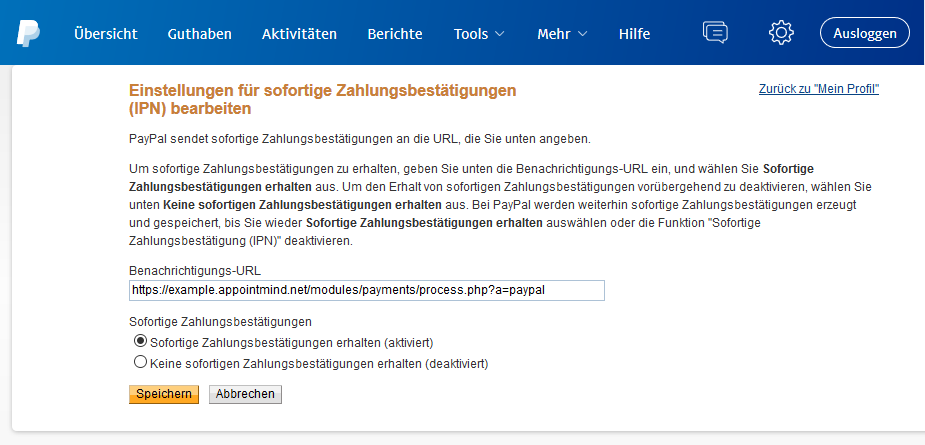 Incollare l'URL di notifica in PayPal