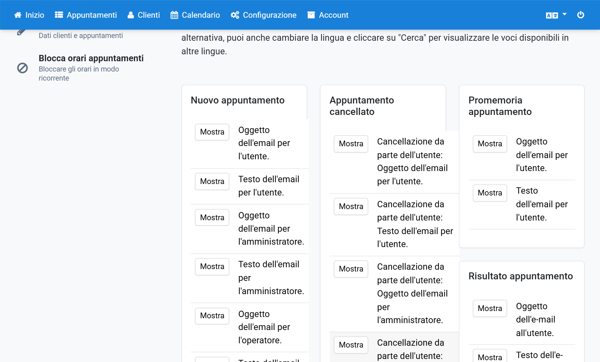 In Testo dell'email per l'utente faccia clic su Mostra