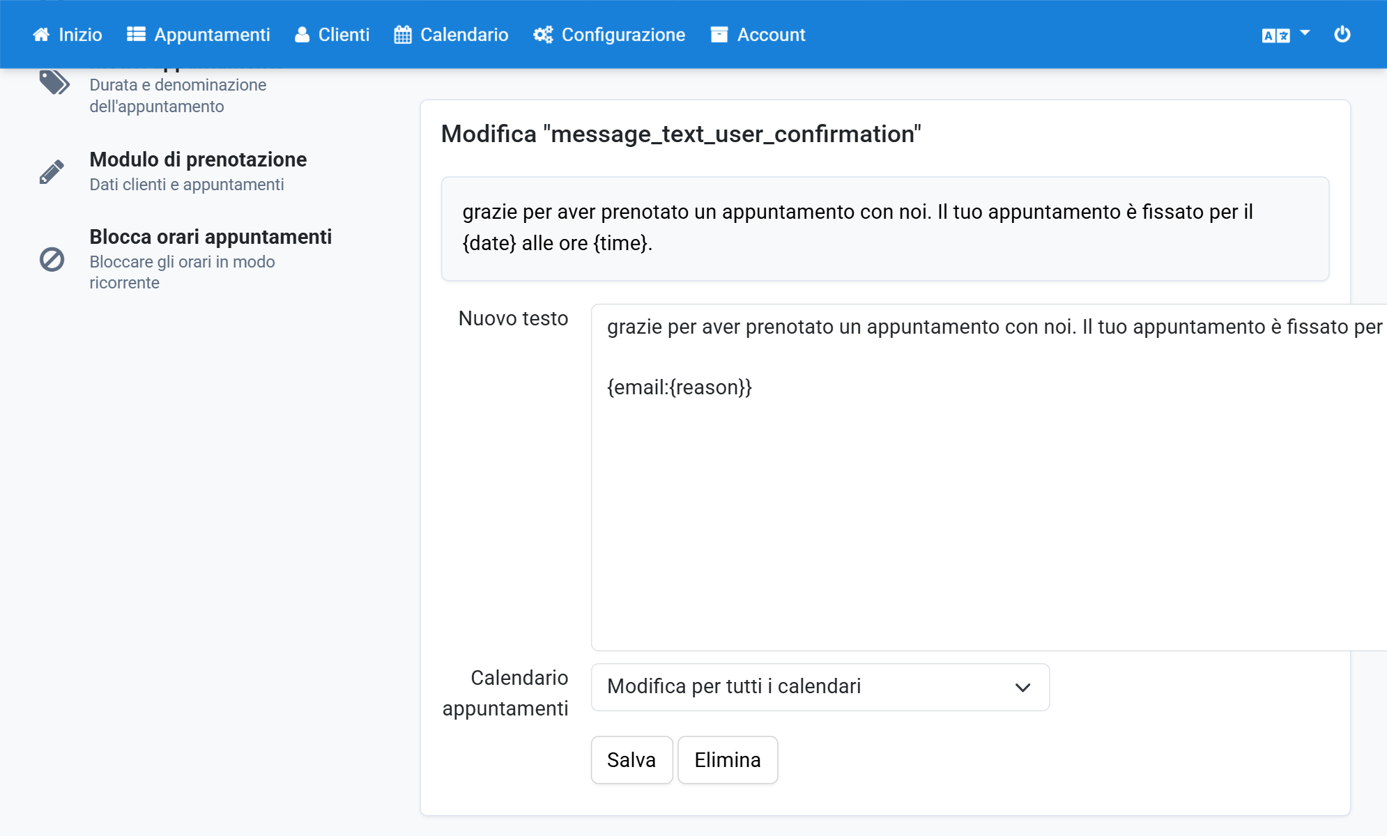 Inserire {email:{reason}} nel testo