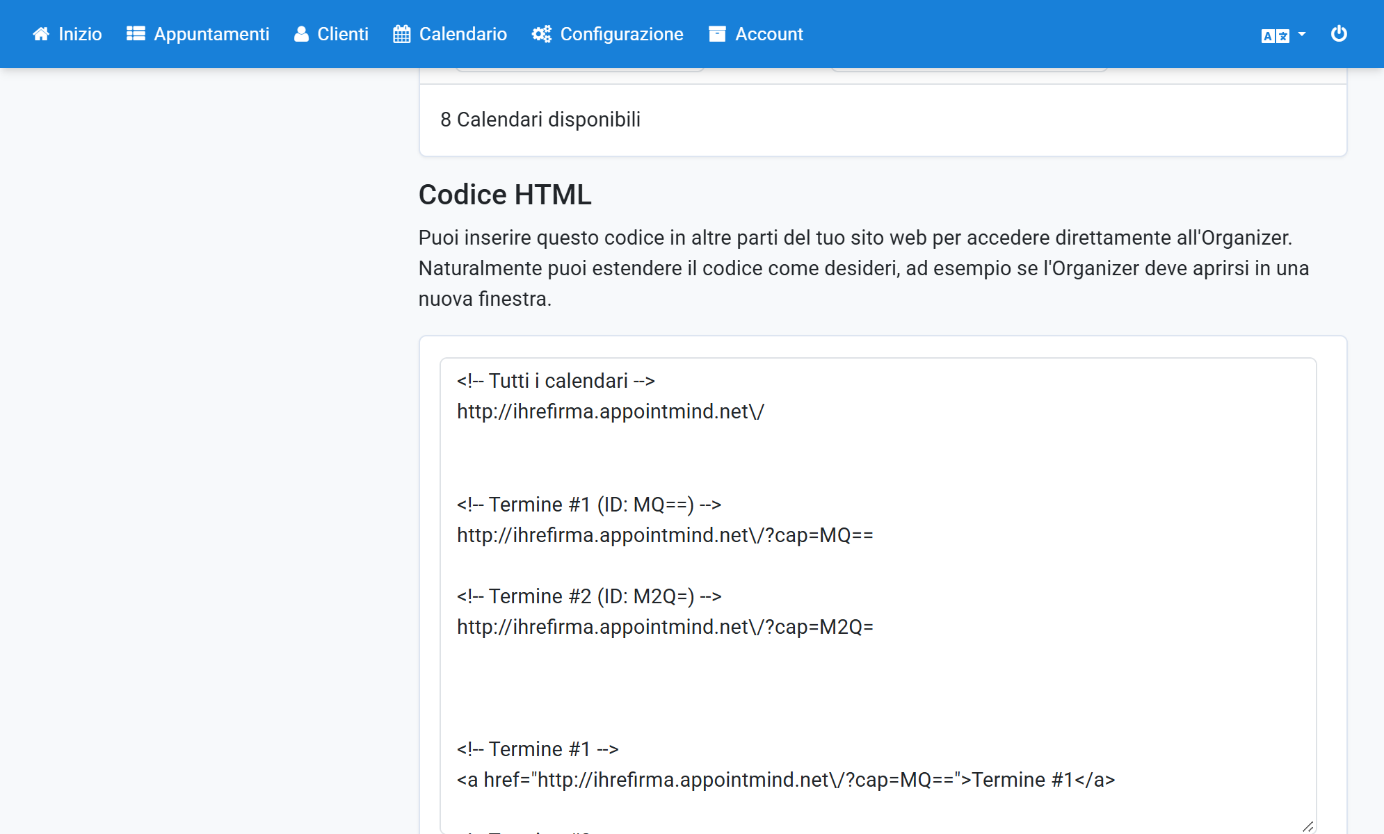 Selezioni e copi l'URL del calendario